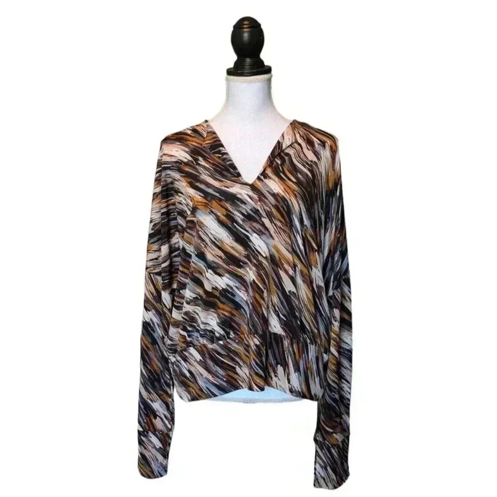 Last Tango Melissa Multicolor V Neck Cuff Sleeve Blouse Top New Size XL Womens